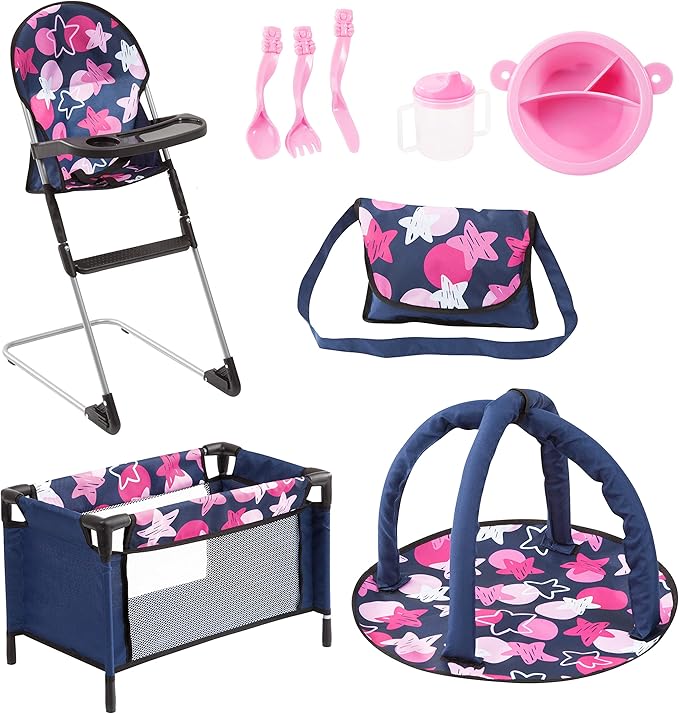 Bayer 9-in-1 Doll Accessory Set with Travel Bed & Highchair - Perfect Toy for Dolls - Includes Plate, Utensils, Play Mat and More