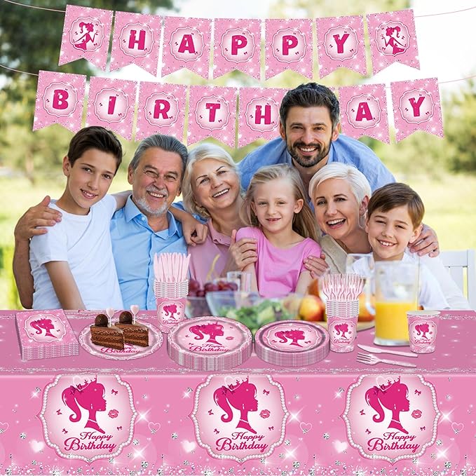 98PCS Pink Girl Birthday Party Supplies Hot Pink Party Tableware Set Sweet Girls Birthday Baby Shower Decorations Princess Paper Plates and Napkins Set Tablecloth Banner Serve 16 Guests