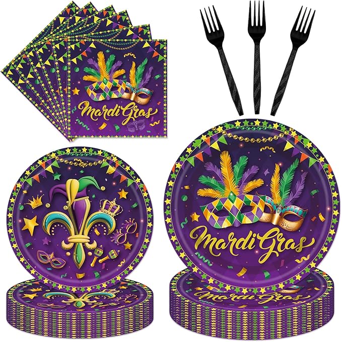 96PCS Mardi Gras Plates and Napkins Party Supplies Mardi Gras Decorations New Orleans Carnival Masquerade Party Decorations MardiGras Disposable Tableware Set Serve 24 Guests