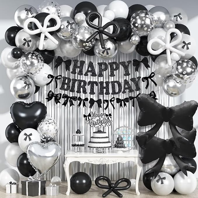 Black Bow Birthday Decorations, Coquette Bow Black and White Silver Balloons with Happy Birthday Banner Fringe Curtain Cake Toppers for Women Girls Baby Shower Party Supplies