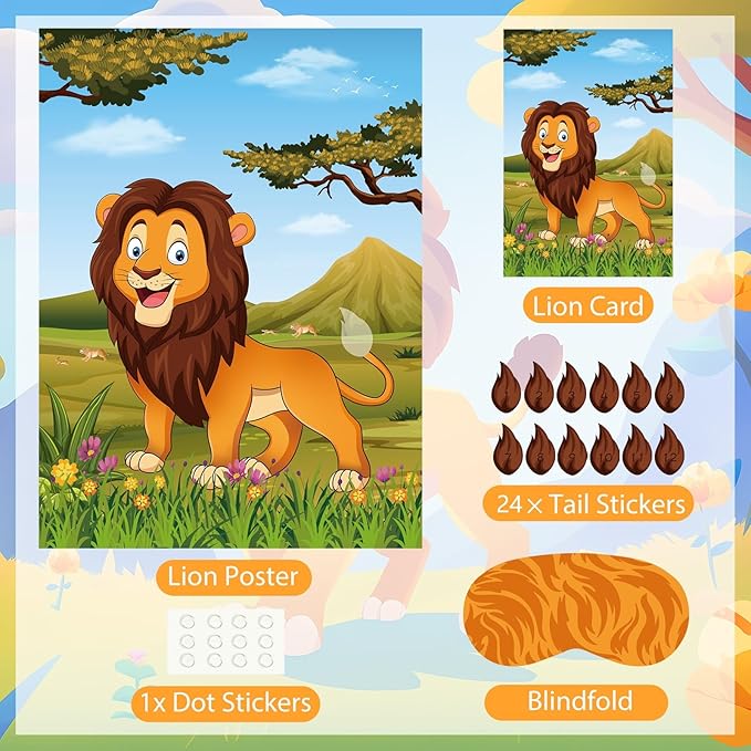 PLULON Pin The Tail on The Lion Party Game Kids Lion Games Poster with Tail Stickers for for Lion Party Favors Boys Birthday Party Supplies Party Decorations