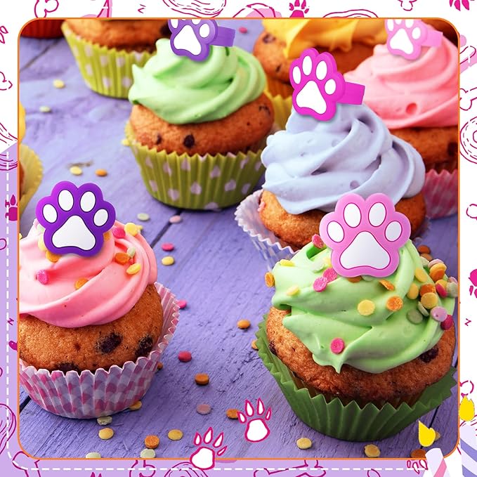 48 Pcs Paw Dog Cupcake Rings Toppers Decorations Orange Blue Red Yellow Paw Dog Theme Birthday Cupcake Rings Decorations for Puppy Baby Shower Party Supplies(Pink, Purple)