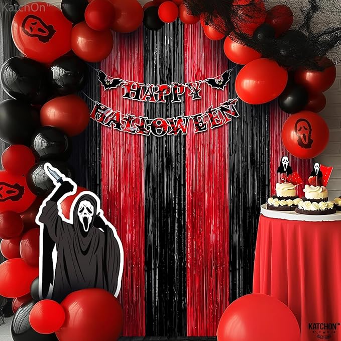 KatchOn Red and Black Fringe Curtain - 6.4x8 Ft Pack of 2 | Red and Black Streamers for Casino Theme Party Decorations | Foil Fringe for Anniversary, Bachelorette, Birthday Decorations