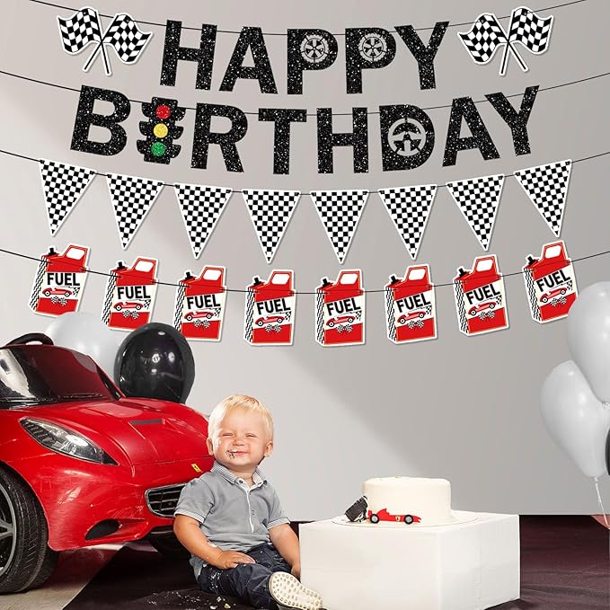 Pre-Strung Race Car Birthday Party Decorations NO DIY Glitter Happy Birthday Banner, Checkered Flag Fuel Can Banners Cars Themed Party Supplies