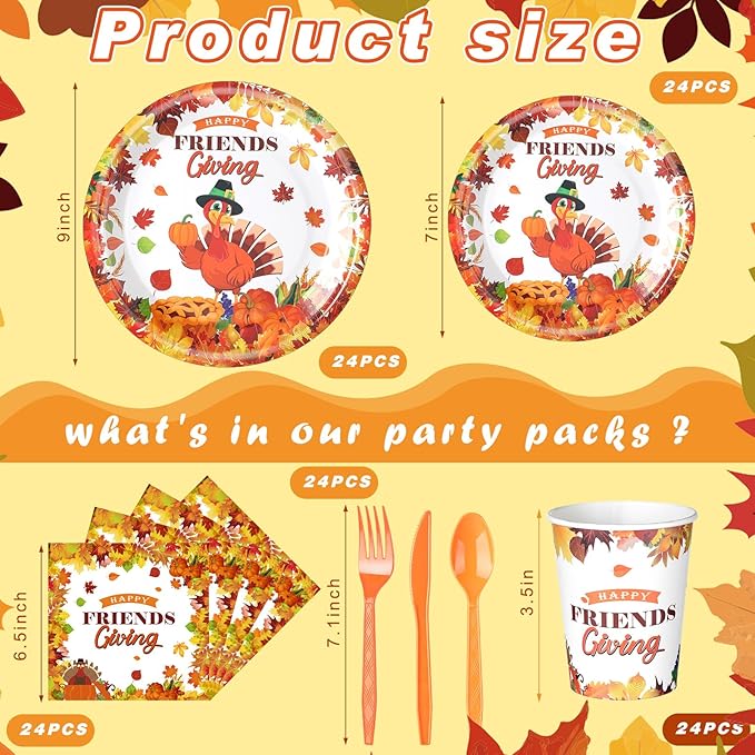 168 Pcs Thanksgiving Party Supplies Disoposable Friendsgiving Tableware Set Turkey Paper Plates and Pumpkin Leaf Cups and Napkins for Fall Thanksgiving Friendsgiving Party Decorations