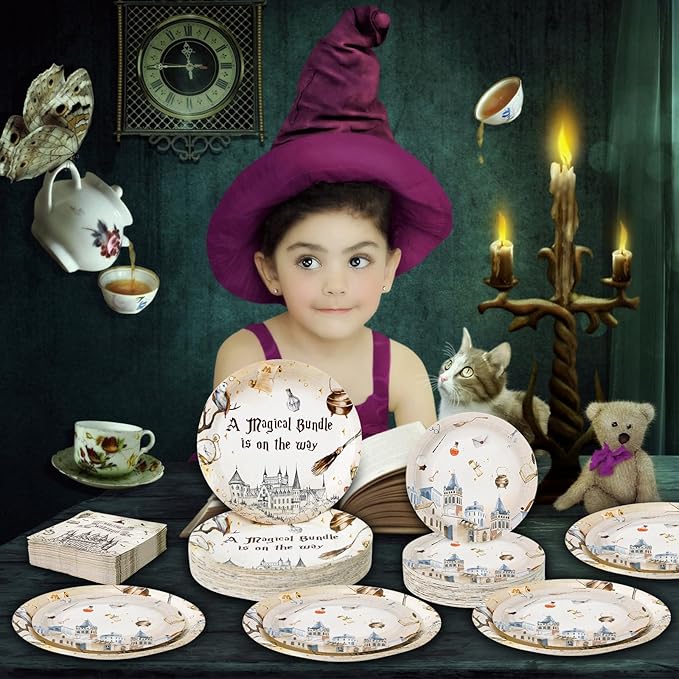 180PCS Magical Party Supplies Serve 60,Magical Wizard Paper Plates and Napkins Kit for Boys And Girls Happy Birthday Baby Shower Party,Includes Dinner and Dessert Plates, Napkins