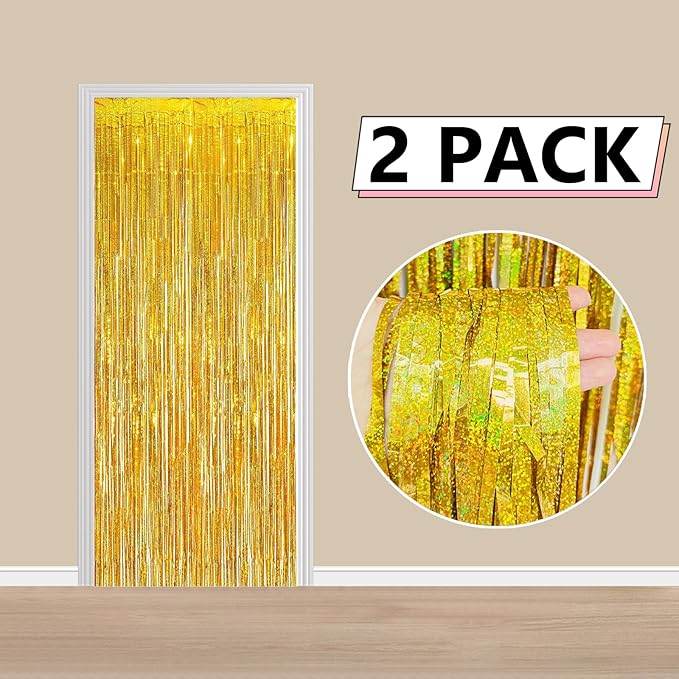 2 Pack Gold Foil Fringe Curtains, 3.3x6.6 Ft Metallic Tinsel Backdrop Party Decorations Door Gold Streamers for Birthday Wedding Engagement Decor,Photo Booth Props, Party Supplies