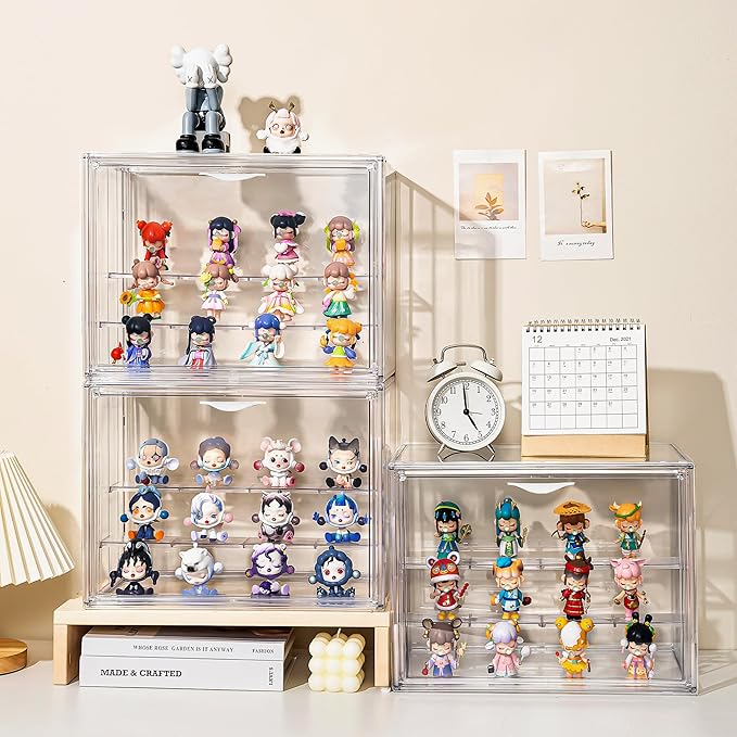 Attelite Acrylic Display Case for Collectibles, 3 Tier Figure Display Cases with 2 Movable Dividers, Clear Stackable Display Box Showcase with Magnetic Door for Action Figures