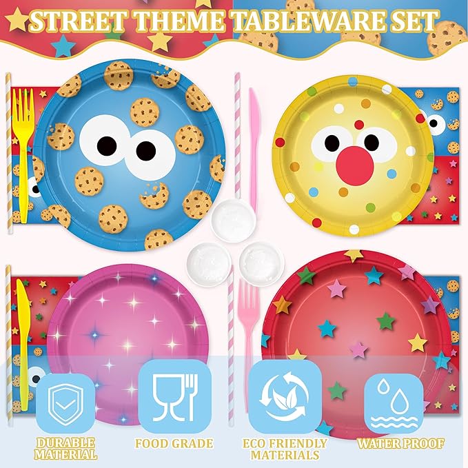 168PCS Cookie Party Supplies for Boys Girls Cartoon Street Theme Birthday Party Decorations Paper Plates Cups Forks Knives and Straws Tableware Set for 24 Guests
