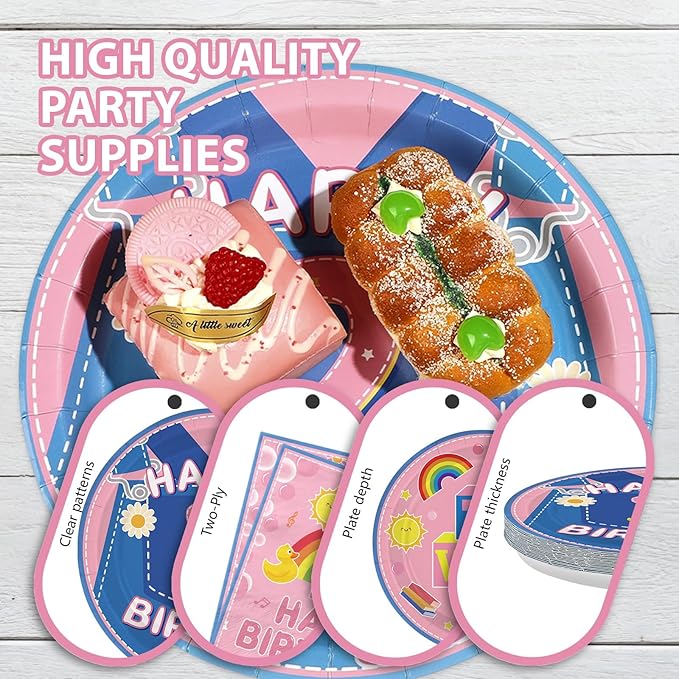 96Pcs 2nd Birthday Party Decorations Girls Pink Cartoon Teaching Plates and Napkins Cartoon English Teacher Theme Tableware Set for Girl Birthday Baby Shower Party Supplies，Serves 24