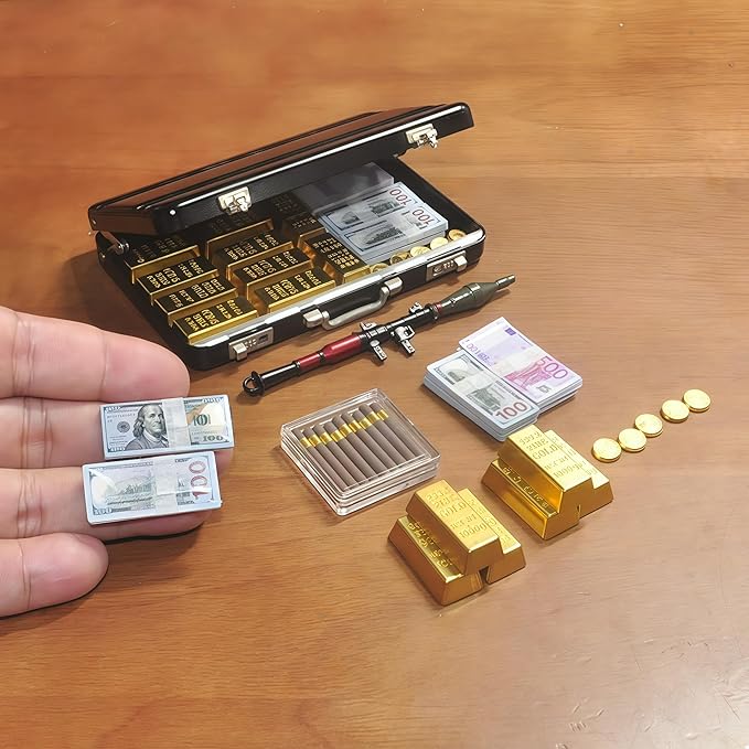 1:6 Scale Miniature Black Briefcase Set with Fake Gold Bars, Mini Dollar Bill Bundles, Vintage Coins & Toy Weapons | Collectible Dollhouse Accessory, Photography Prop & Novelty Gift for Adults