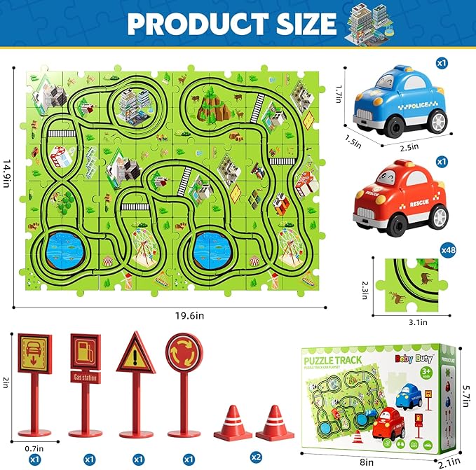 48PCS Puzzle Race Track Car Set for Toddlers Kids Boys, Toddler Toys Birthday Gifts for 3 4 5 6 Years Old Boys and Girls, Floor Puzzle Tracks Car Toys for Ages 3-5 4-6
