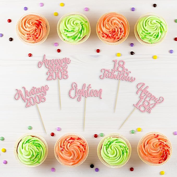 Ephlyn 30Pcs Vintage 2008 Cupcake Toppers Glitter Eighteen Happy 18th Birthday 18 Fabulous Cupcake Picks Cheers to 18 Years for 18th Birthday Wedding Anniversary Party Cake Decorations Supplies Pink