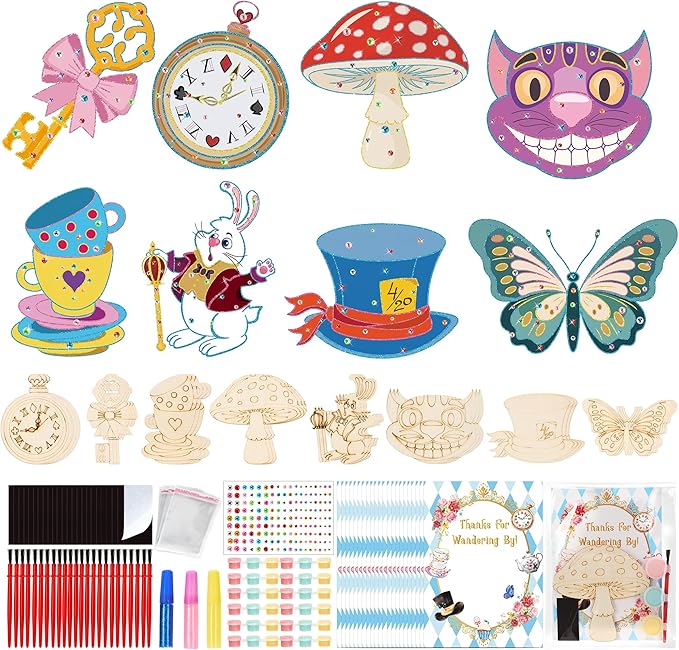 Bafeil 24 Sets Alice Party Favors, DIY Wooden Painting Crafts Kit with Magnets, Wonderland Birthday Decorations, Tea Party Supplies Goodie Bags Gifts Stuffers Prizes Classroom Rewards