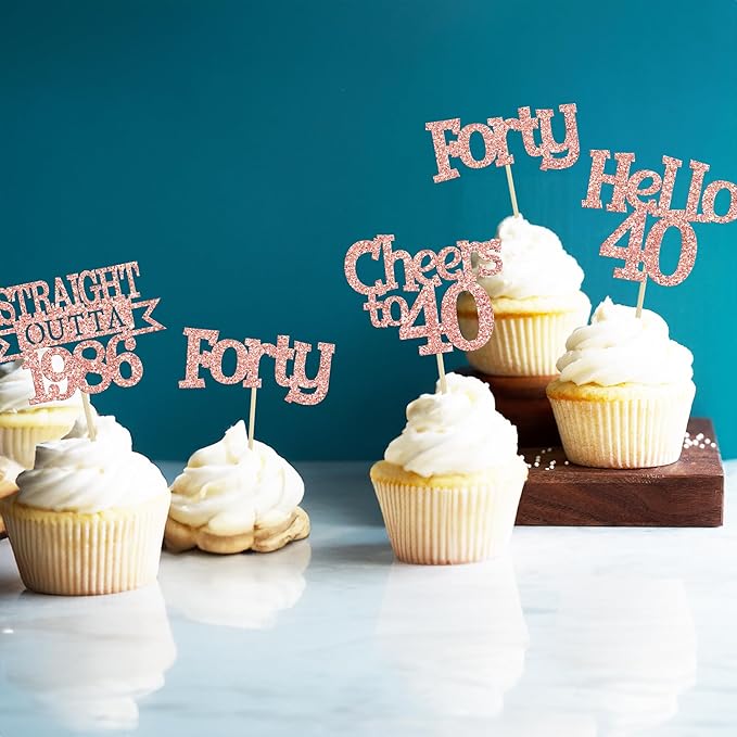 Ephlyn 24Pcs Happy 40th Birthday Cupcake Toppers Glitter Forty Cupcake Picks Hello 40 Cheers to 40 Years Birthday Cake Decorations for 40th Birthday Anniversary Party Supplies Rose Gold