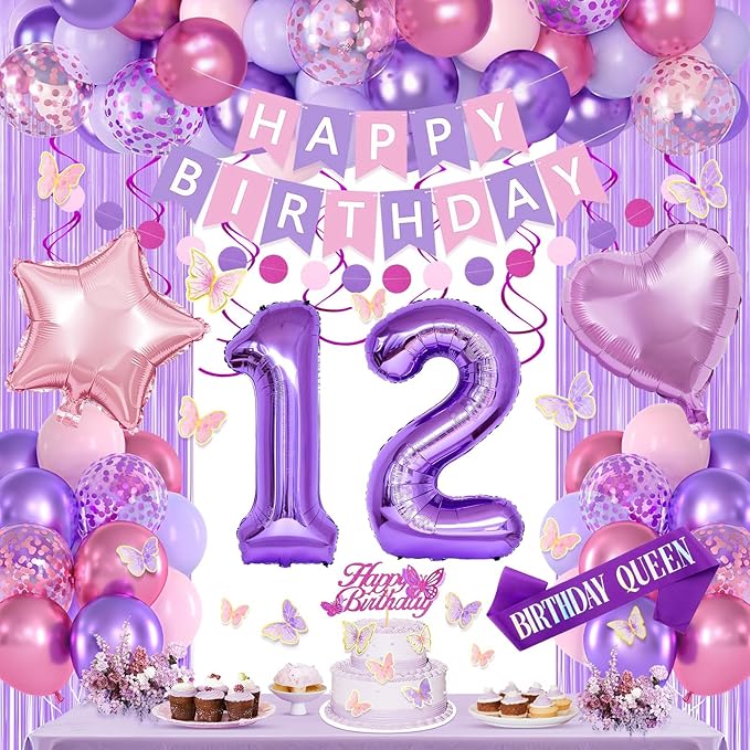 12th Purple Birthday Decorations for Girls, Pink and Purple Happy 12 Birthday Party Decorations with Happy Birthday Banner, Number Foil Balloons, Butterfly Cake Topper for 12th Party Supplies