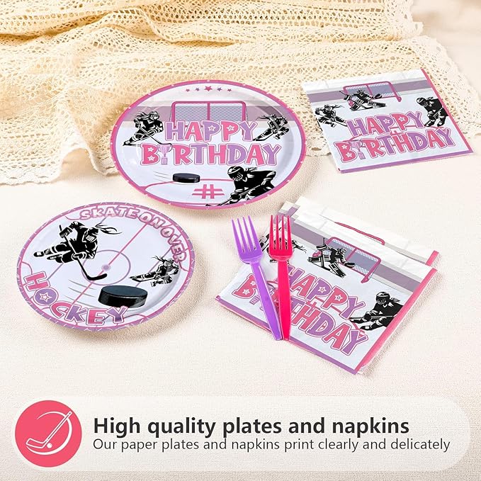 96Pcs Pink Hockey Birthday Party Supplies Hockey Girl Birthday Party Plates and Napkins Tableware Set for Girls Kid's Fans Gameday Sports Themed Party Decorations Serves 24