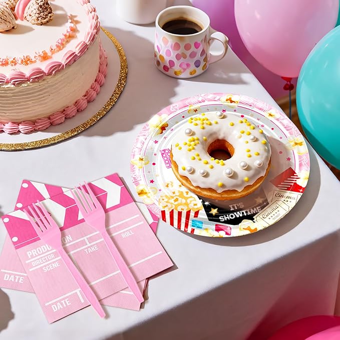 Avezano 96 pcs Movie Night Party Decorations Pink Movie Night Plates and Napkins Disposable Popcorn Theater Birthday Party Supplies Serve 24 Guests