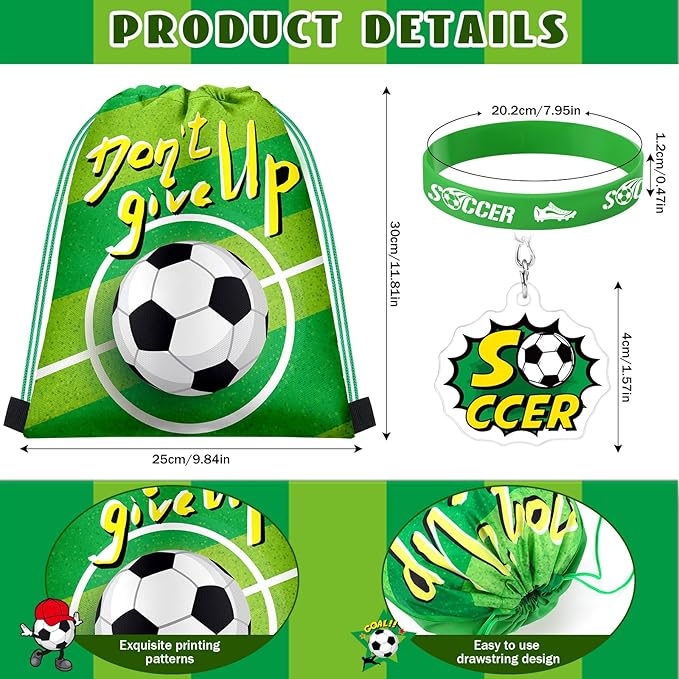 Talltalk 48 Pcs Soccer Party Favors Gifts Sets Kids Soccer Team Gifts 16 Sets Green Drawstring Backpack Goodie Bags Stuffers Candy Snack Bag Wristband Keychains for Sport Birthday Party Supplies Decor