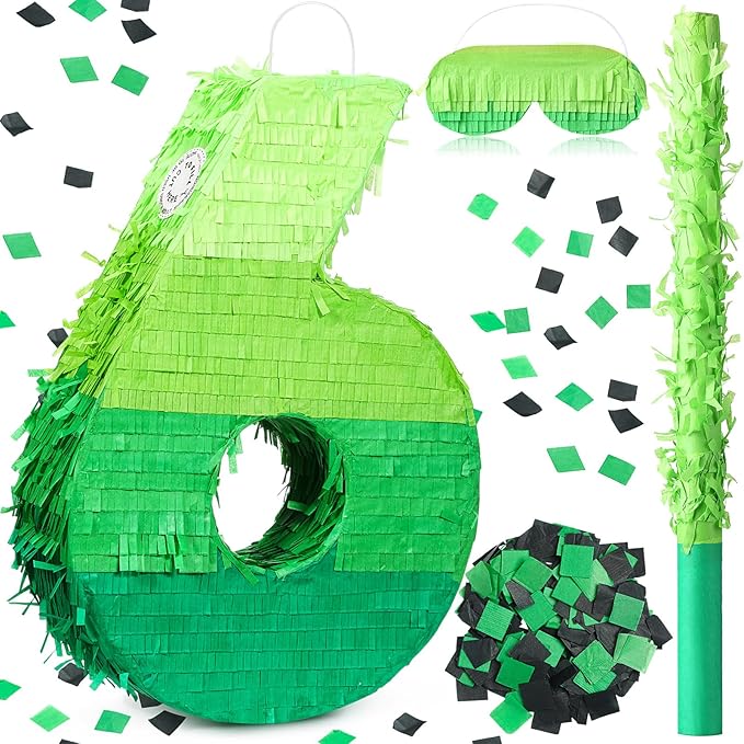 Number Piñata Decorations 16 Inch Gradient Green Piñata with Blindfold Stick and Confetti for Birthday Baby Shower Safari Jungle Themed Party Supplies Centerpiece(Number 6)