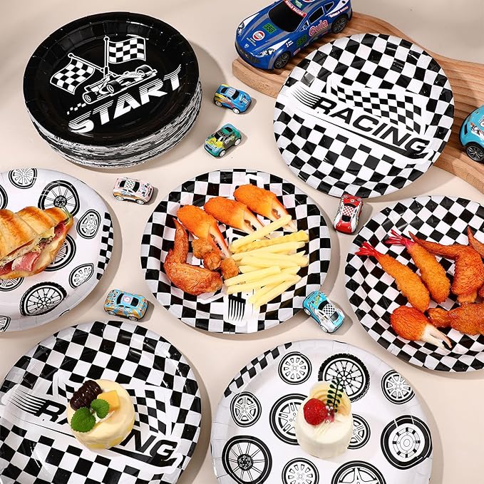 60 Pcs Race Car Birthday Party Decorations 9 Inch Checkered Flag Disposable Paper Plates Racing Themed Dessert Dinnerware for Kids Boys Birthday Baby Shower Home Party Supplies, 4 Style