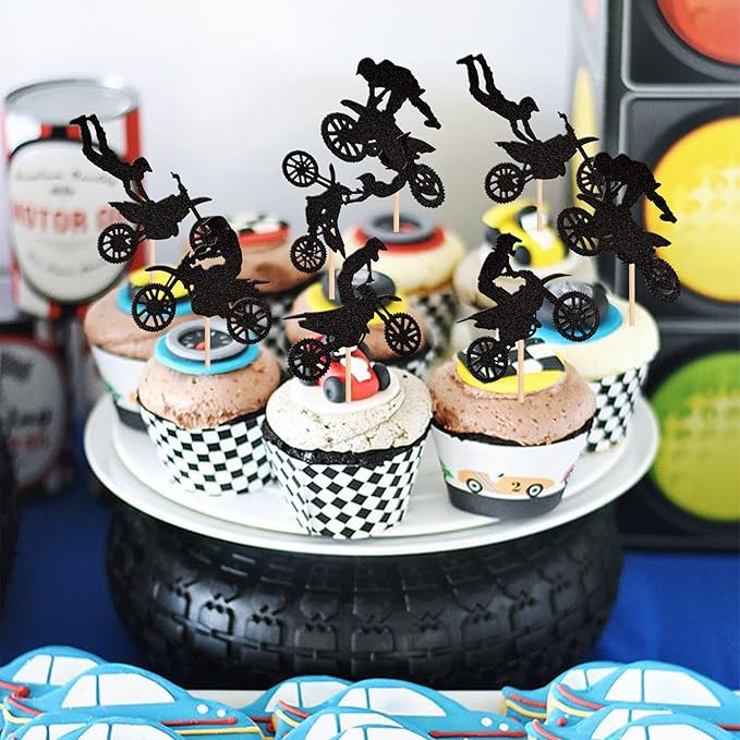 24 PCS Motorcycle Cupcake Toppers Black Glitter Motocross Dirt Bike Party Cupcake Picks for Sports Motocross Theme Man Boy Birthday Party Cake Decorations Supplies