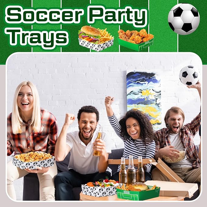 Teling 36 Pack Soccer Party Supplies Large 5 lb Soccer Plates Trays Bowls Paper Food Boats Disposable Nacho Serving Snack Trays for Sport Themed Birthday and Tailgate Party Decorations Favors