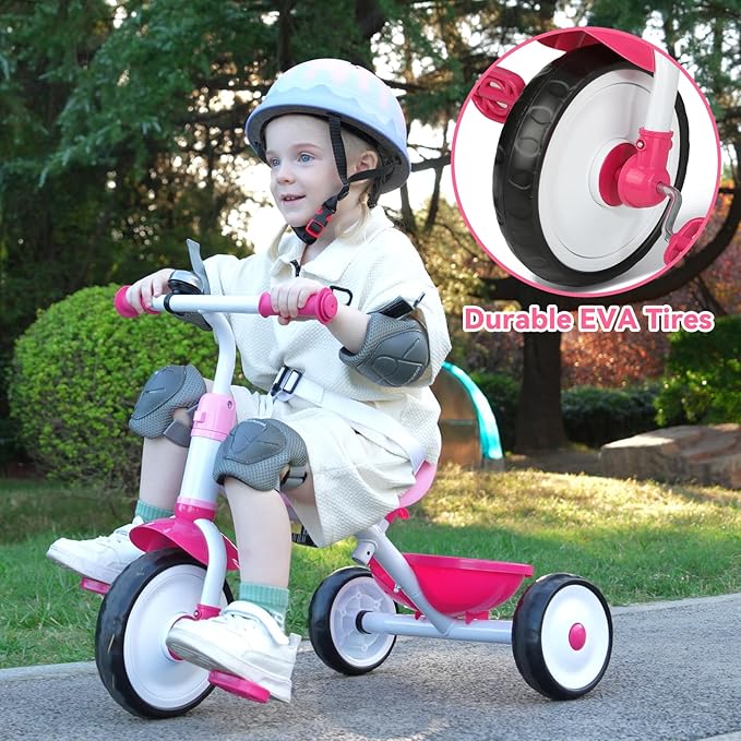 Liberry 2 in 1 Toddler Tricycle Age 2 3 4 Years Old, Kids Trike with Adjustable Push Handle, Bell & Basket, 3 Wheel Bike Riding Toy Birthday Gift for Girls Boys, Pink