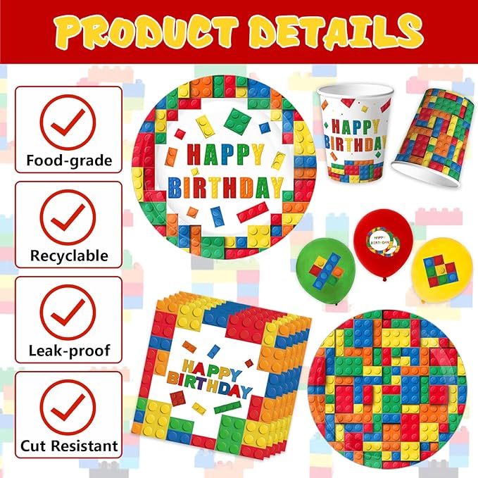 Building Block Party Plates Building Block Birthday Party Supplies Decorations Serve 25 including Disposable Paper Plates Napkins, Cups, Forks, Tablecloth, Happy Birthday Banner, and Balloons
