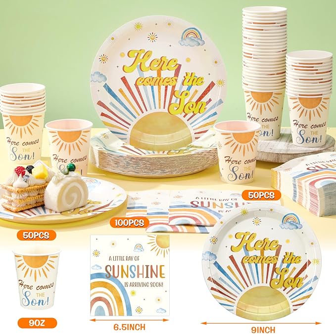 Hushee 200 Pcs Here Comes The Son Baby Shower Paper Plates Napkins Cups Baby Shower Party Supplies Boho Theme Sun Tableware Set Disposable Cup Napkin for 50 Guest Party Decoration