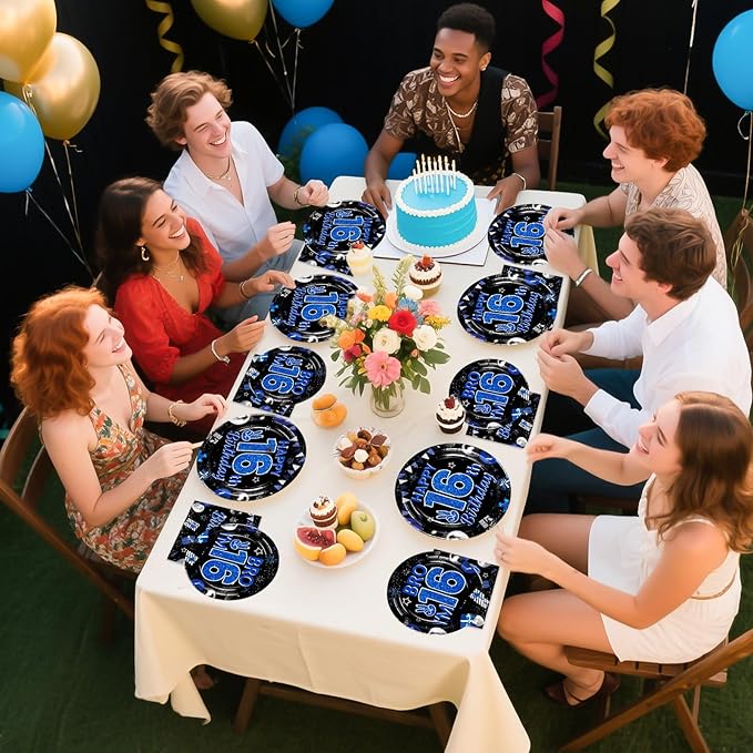 Grencian 96Pcs 16th Birthday Party Decorations for Boys Blue and Black 16th Birthday Plates Disposable Official Teen 16 Tableware for Teen Boys I’m 16 Bro 16 Years Old Party Supplies Serves 24