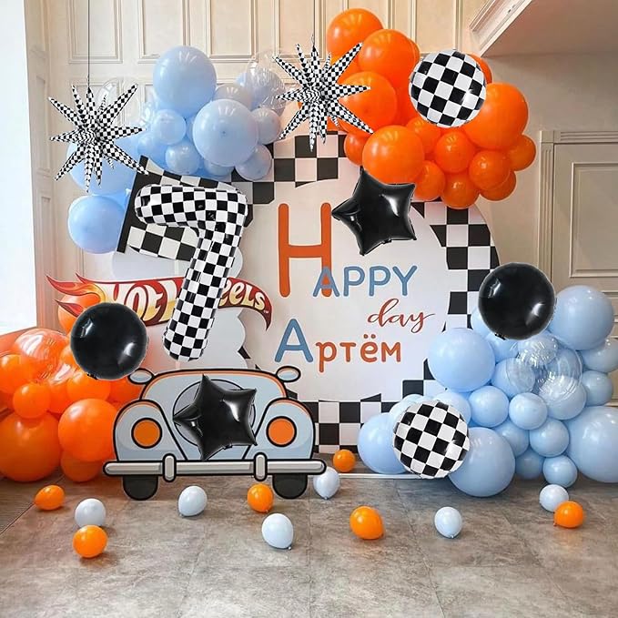 TONIFUL 40 Inch Checkered 7th Birthday Balloons Set Number 7 Race Car Black White Checkered Round Explosion Star Balloons Boys Race Car Themed Birthday Party Decoraction