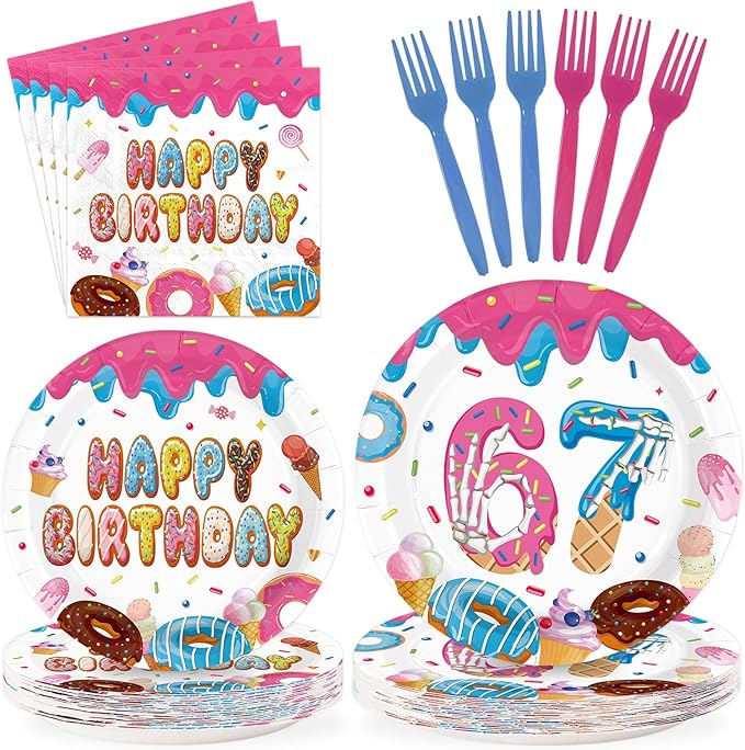96Pcs Donut 6 7 Birthday Decorations 6/7 Birthday Plates and Napkins 67 Themed I was 6 Now I'm 7 Disposable Paper Tableware Set for Kids Boys Girls 6-7 Year Old Party Supplies Serves 24