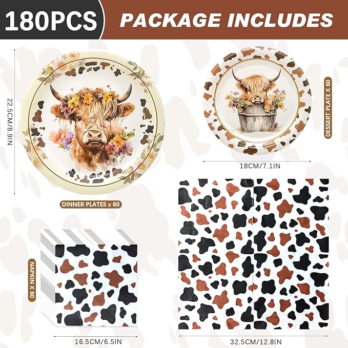 180PCS Highland Cow Party Supplies Serve 60, Brown Cow Paper Plates and Napkins Kit for Highland Cattle Farm Animals Birthday Party Decorations, Includes Dinner Plates, Dessert Plates, Napkins