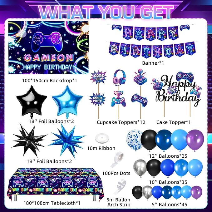 Video Game Birthday Decorations for Boys, Happy Birthday Banner Backdrop, Gaming Tablecloth, Blue Purple Balloon Arch Kit, Cake & Cupcake Topper, Kid Gamer Birth day Decorations Party Supplies