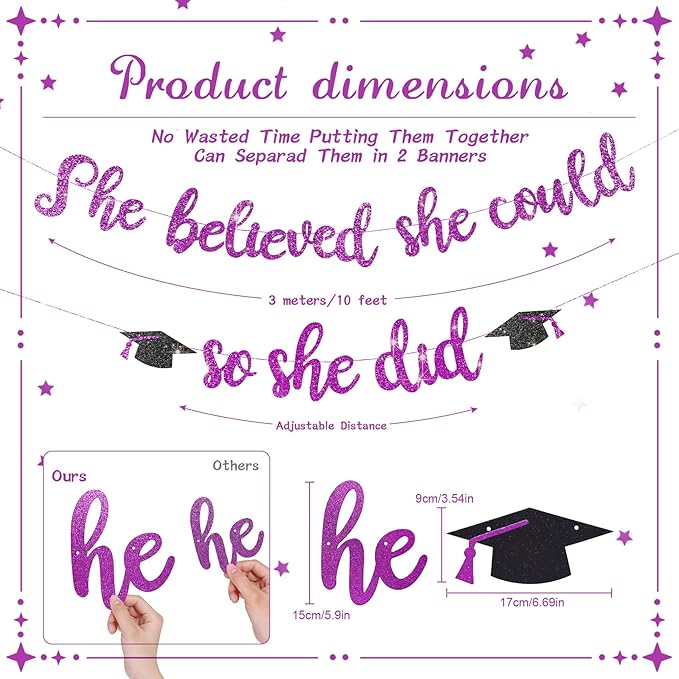 She Believed She Could So She Did Banner - Pre-Strung Glitter Graduation Decorations 2026 for Women Girls, Inspirational Grad Party Supplies, Class of 2026 College High School Masters PhD Decor (Purple)
