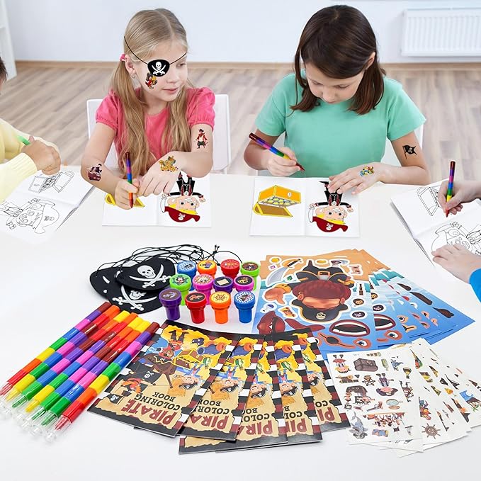 Cinrobiye 72 Pcs Pirate Party Favors Bulk, Pirates Parrot Skull Coloring Books Stickers Stampers for Birthday Goodie Bag Fillers，Carnival Prizes Pinata, Nautical Treasure Hunt Party Supplies