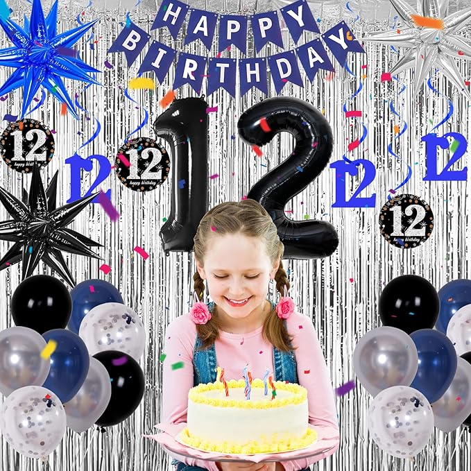 12th Birthday Decorations for Boys and Girls Dark Blue, 12 Year Old Party Supplies with HAPPY BIRTHDAY Banner 12 Balloon Number Tablecloth Foil Star Balloons Garland Arch Kit