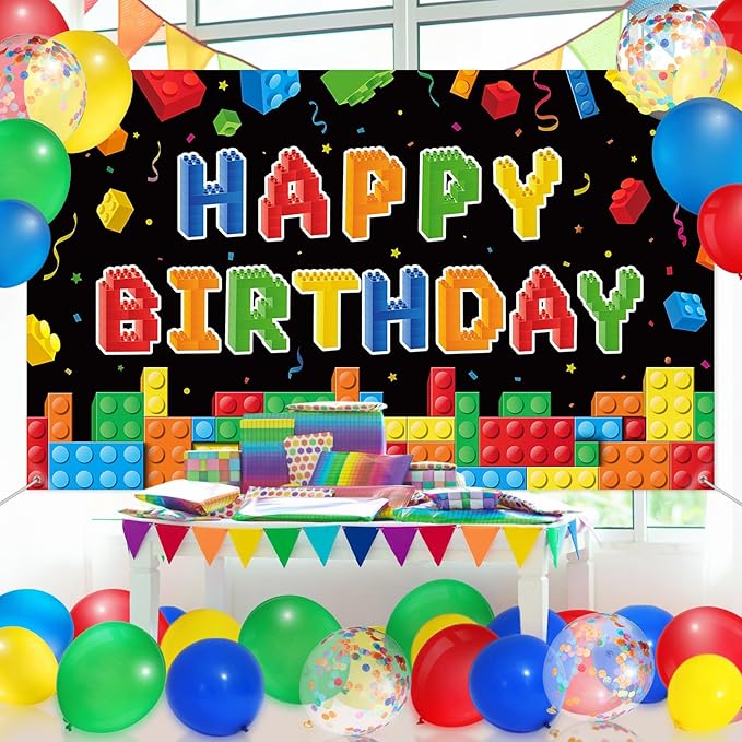 Blosssound Building Block Birthday Party Decorations Color Block Backdrop Banner Decor 114 Pcs Brick Theme Balloons Arch Kit for Men Women Building Party Favors Supplies