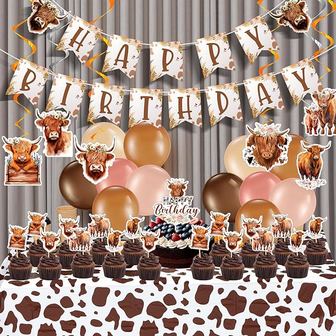 Highland Cow Birthday Party Decorations Cute Boho Cow Party Supplies with Retro Floral Birthday Banner Hanging Swirls Cattle Cake Toppers Balloons Tablecloth for Girls Boys