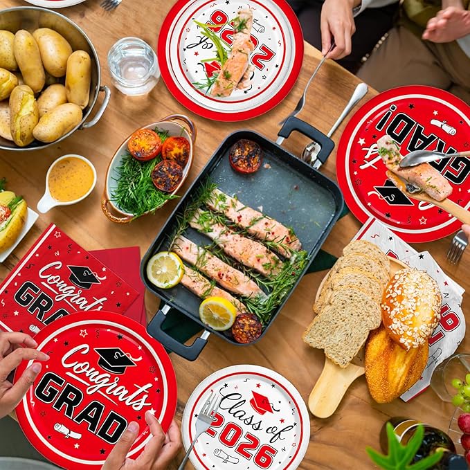 Oigco Graduation Red Party Supplies Kit Dinner Plates Dessert Plates and Napkins for Congrats Grad Party Decorations, Serves 50
