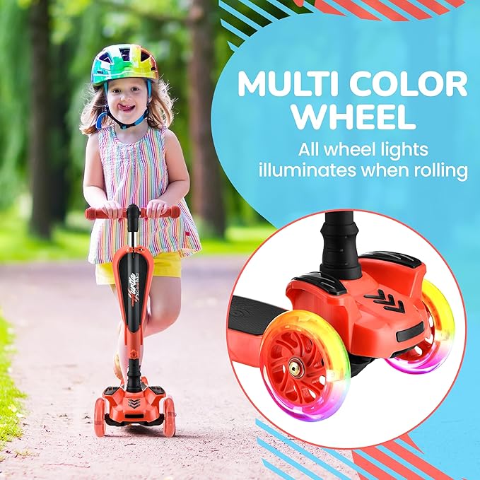 Hurtle 3-Wheeled Scooter for Kids - Wheel LED Lights, Adjustable Lean-to-Steer Handlebar, and Foldable Seat - Sit or Stand Ride with Brake for Boys and Girls Ages 1-14 Years Old