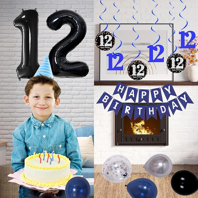 12th Birthday Decorations for Boys and Girls Dark Blue, 12 Year Old Party Supplies with HAPPY BIRTHDAY Banner 12 Balloon Number Tablecloth Foil Star Balloons Garland Arch Kit