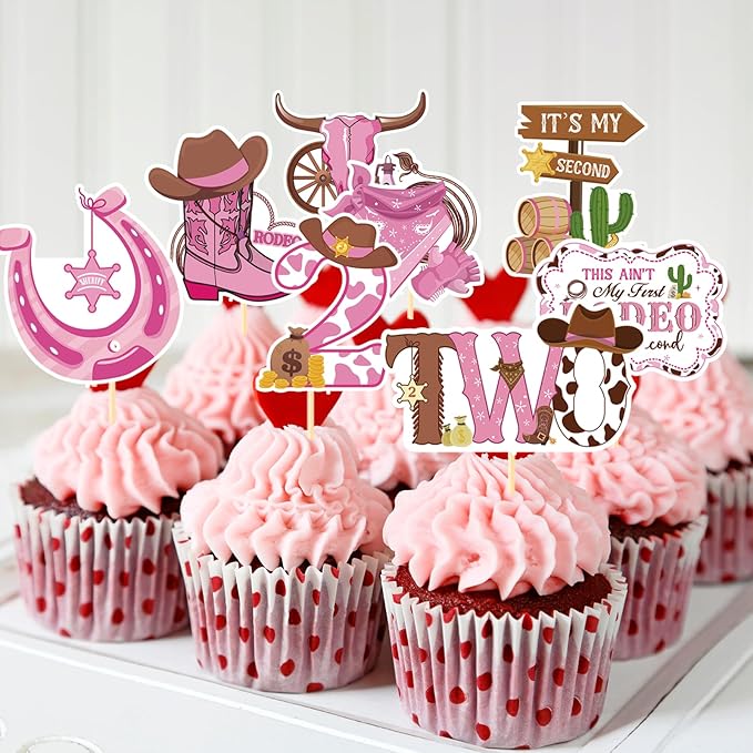 This Ain't My First Rodeo It's My Second Cupcake Toppers, Cowgirl 2nd Birthday Party Cake Decorations, Western Rodeo Theme 2 Years Old Birthday Cupcake Picks Decor for Girls