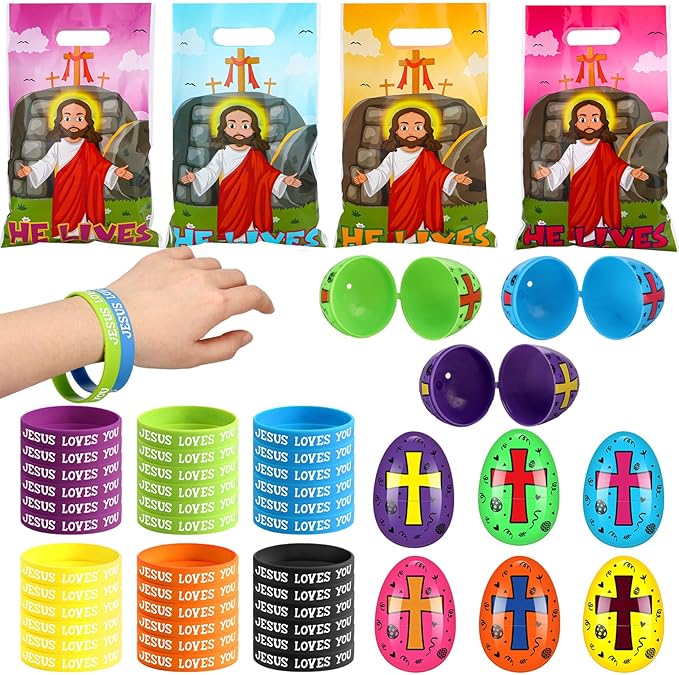 108 Pcs Easter Religious Party Favor Easter Eggs Fillers Christian Goody Bags Jesus Loves You Wristbands Party Supplies for Gift Church (Jesus)
