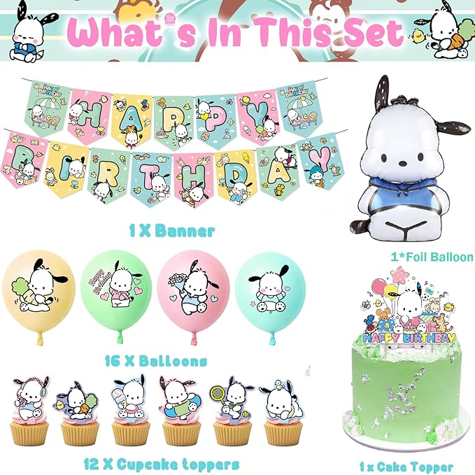 Pochacco Birthday Party Decorations, Kawaii Cartoon Party Supplies with Banner, Cupcake Cake Toppers and Foil Balloons Party Favors for Fans Birthday Background Decorations