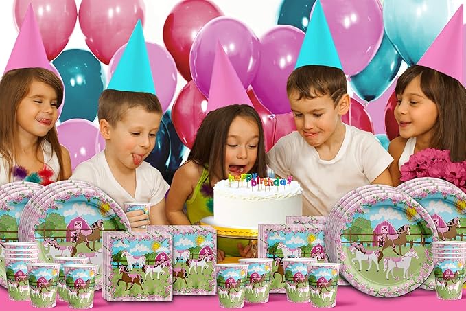 Lovely Pink Horse Birthday Party Supplies Set Plates Napkins Cups Tableware Kit for 16