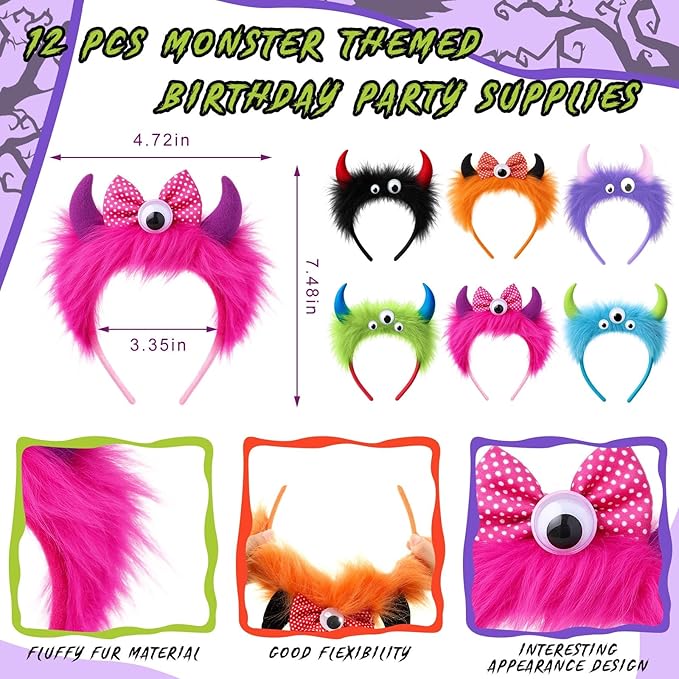 Juexica 12 Pack Monster Party Supplies, Colorful Fur Alien Headbands for Birthday Party Headwear Costume Accessories (Alien Monster)