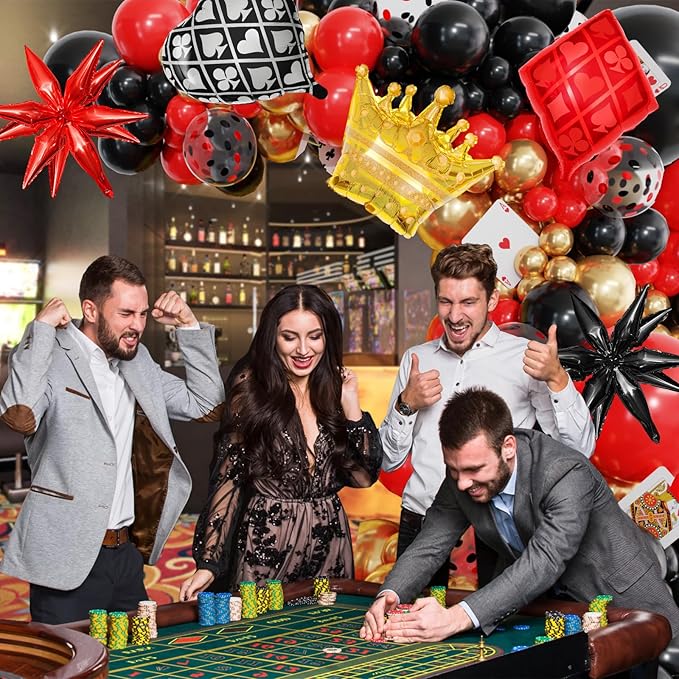 144PCS Dice Favor Boxes Casino Theme Party Decorations , Casino Balloon Arch Garland Kit Red Black Gold Dice Crown Poker Foil Balloons for Poker Las Vegas Game Night Casino Party Supplies
