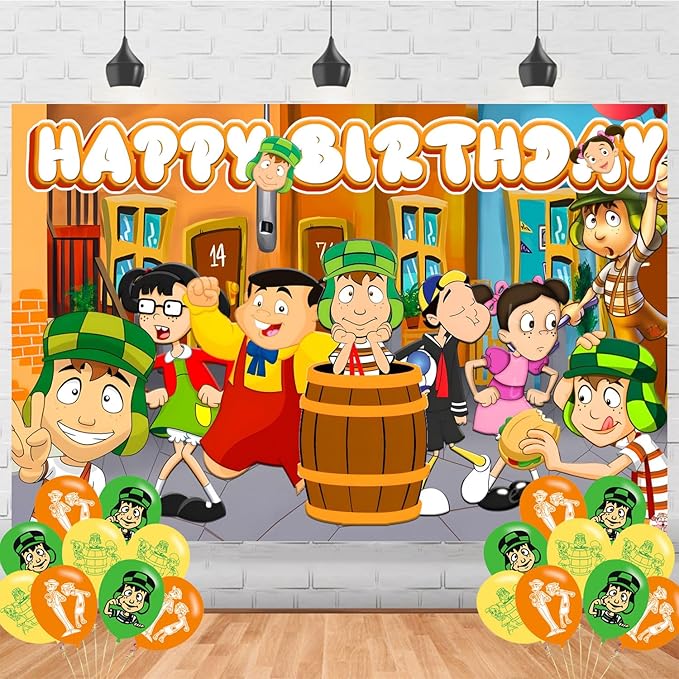 El Chavo Del Ocho Birthday Party Backdrop, 5x3ft, Purple, Cartoon, Includes 18 Party Balloons